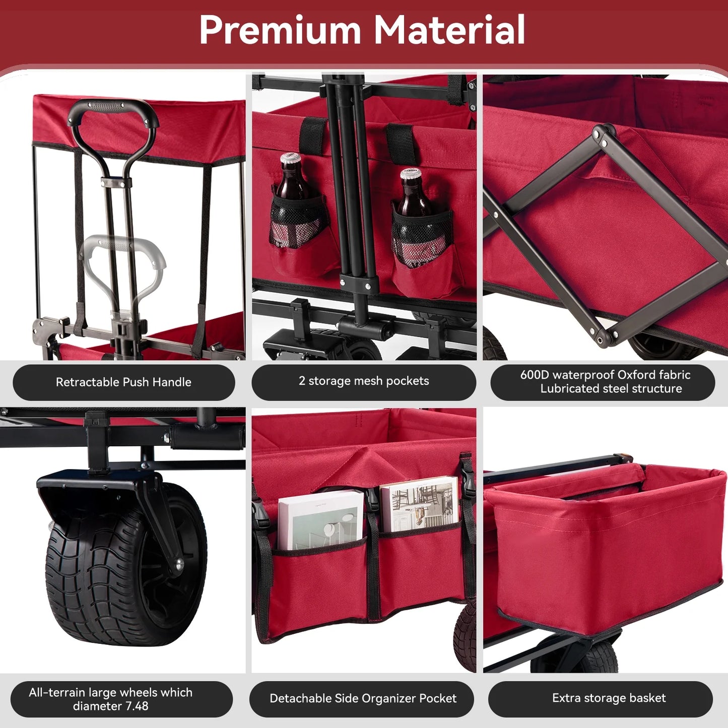 Collapsible Garden Wagon Cart with Removable Canopy Red