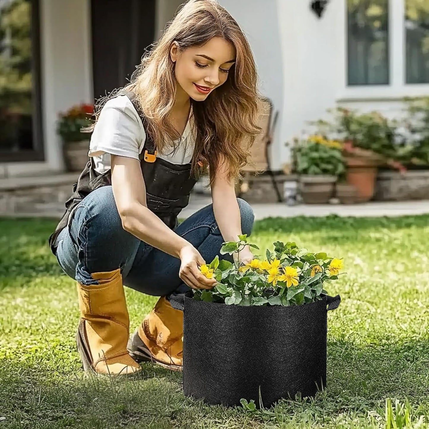 Fabric Plant Grow Bags with Handle 10 Gallon Pack of 5, Heavy Duty Nonwoven Smart Garden Pot Thickened Aeration Nursery Container Black for Outdoor Potato, Tomato, Chili, Carrot and Vegetables