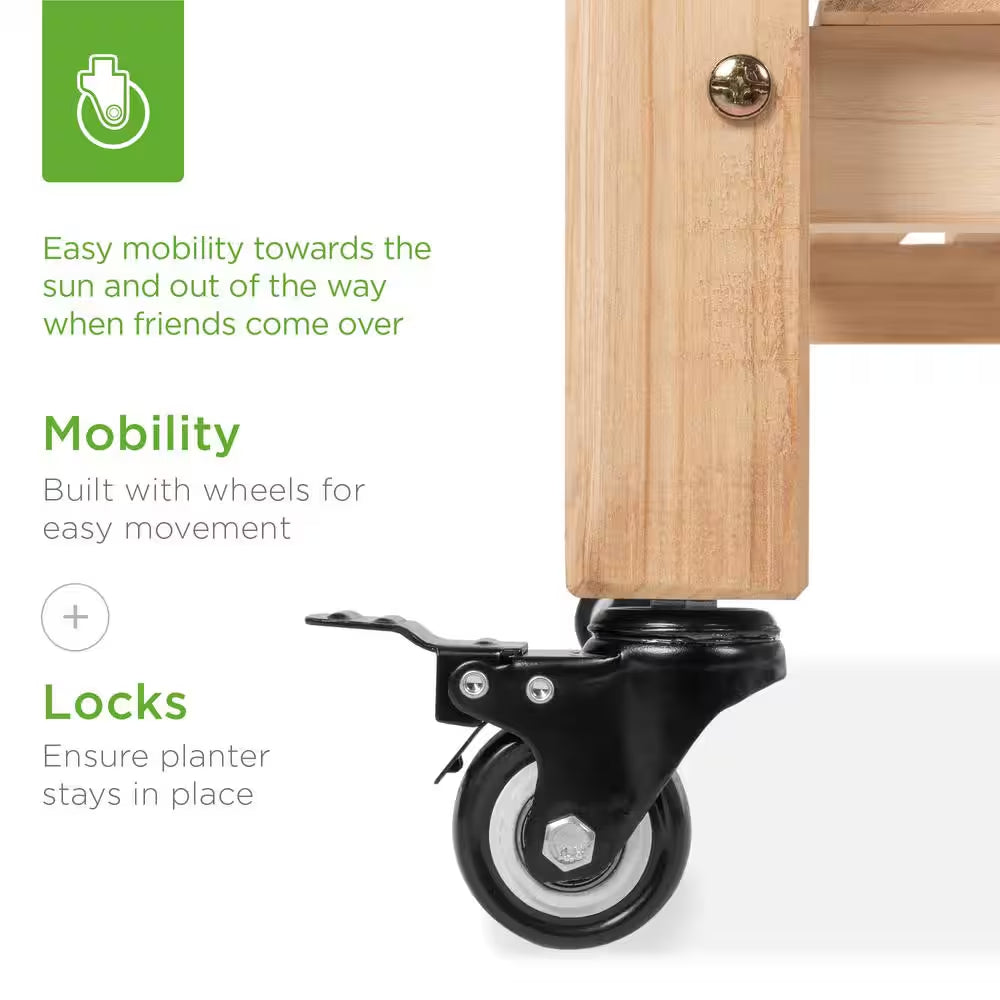 48 In. X 24 In. X 32 In. Wood Raised Garden Bed with Lockable Wheels, Liner
