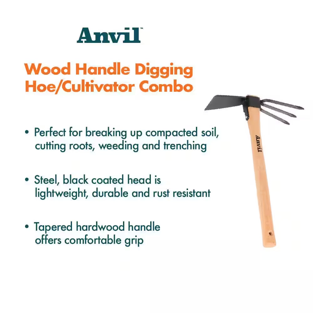 14.4-Inch Wooden Handle Digging Hoe and Cultivator Combination Tool