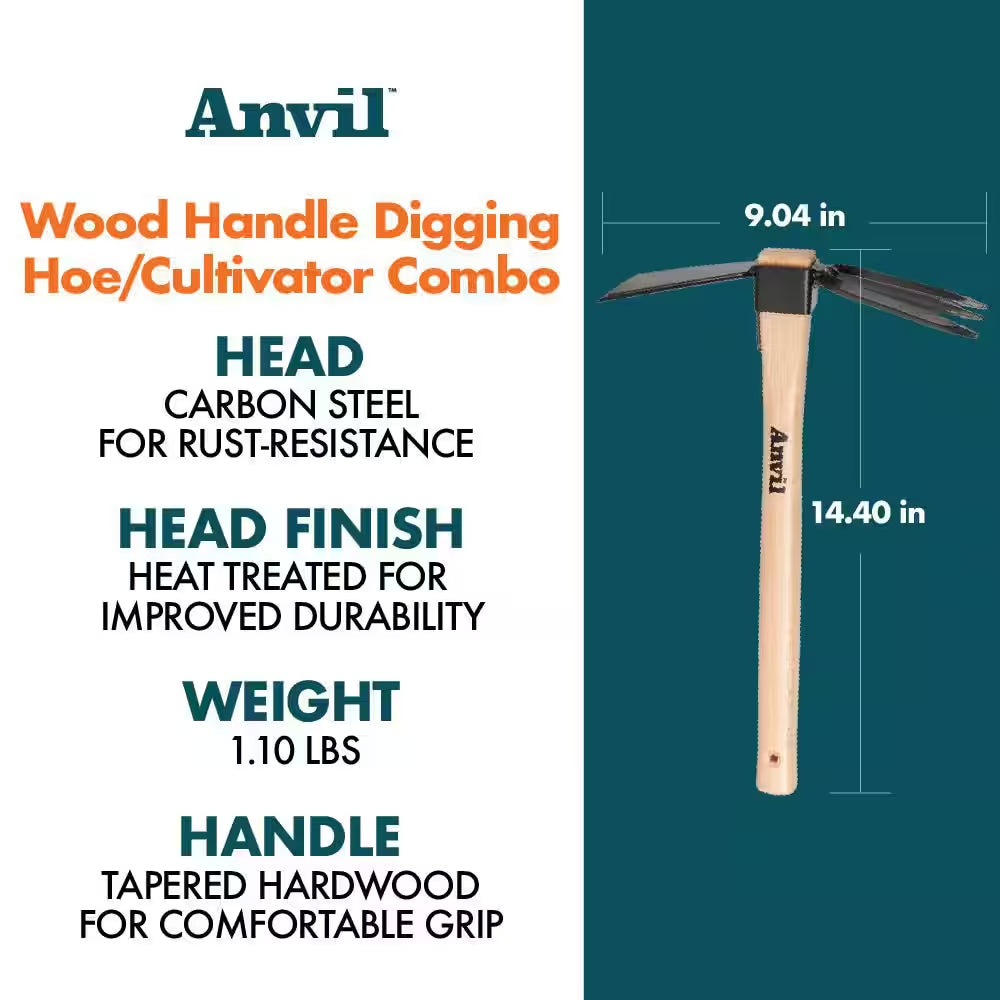 14.4-Inch Wooden Handle Digging Hoe and Cultivator Combination Tool