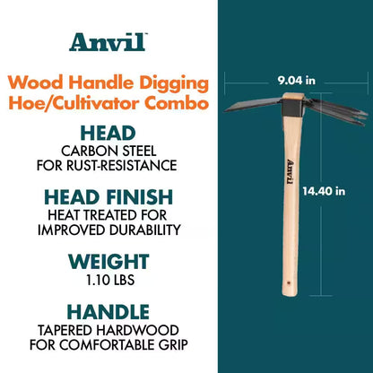 14.4-Inch Wooden Handle Digging Hoe and Cultivator Combination Tool