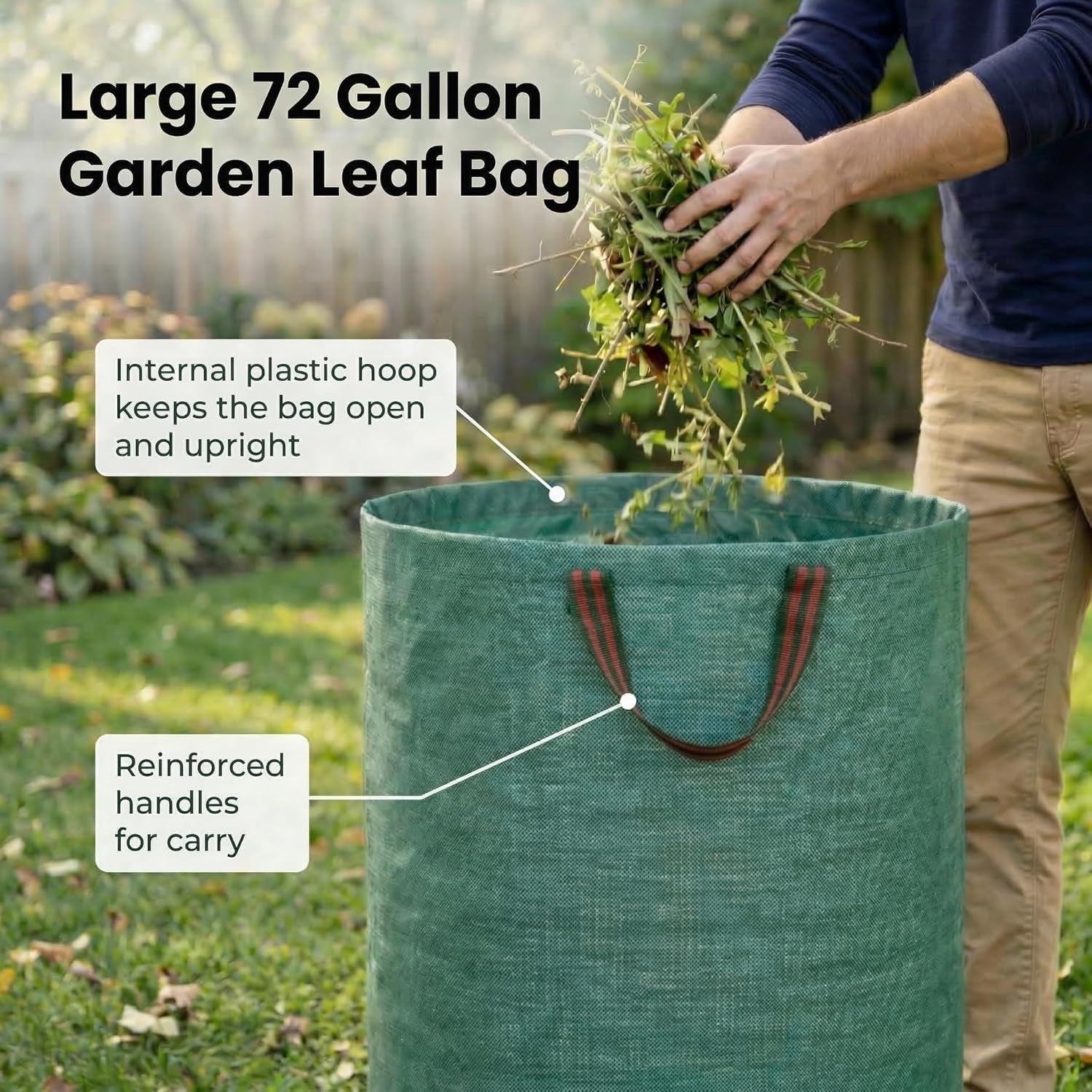 3-Pack 72 Gallon Yard Waste Bags, Reusable Heavy Duty Collapsible Garden Leaf Bags with Plastic Ring, Stand-Up Yard Waste Bin for Leaves, Lawn Debris & Grass Clippings