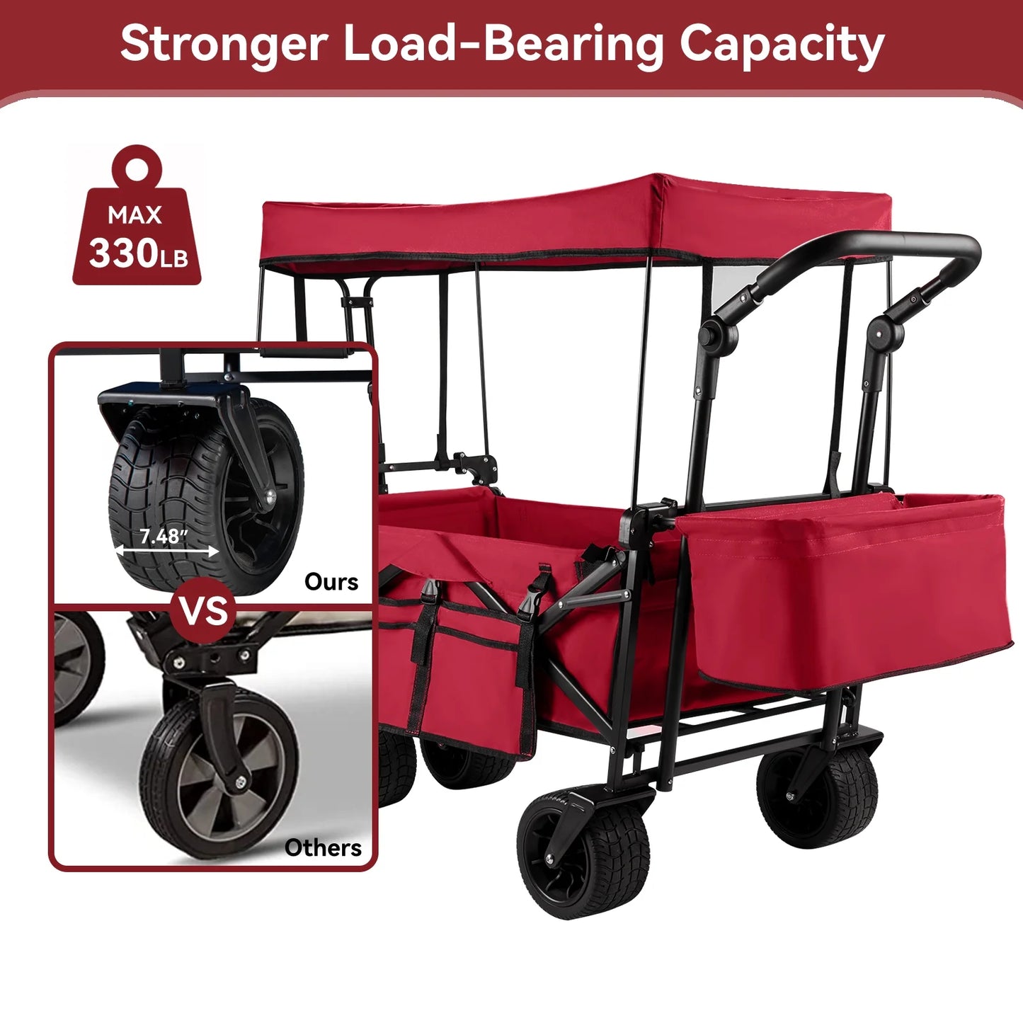 Collapsible Garden Wagon Cart with Removable Canopy Red