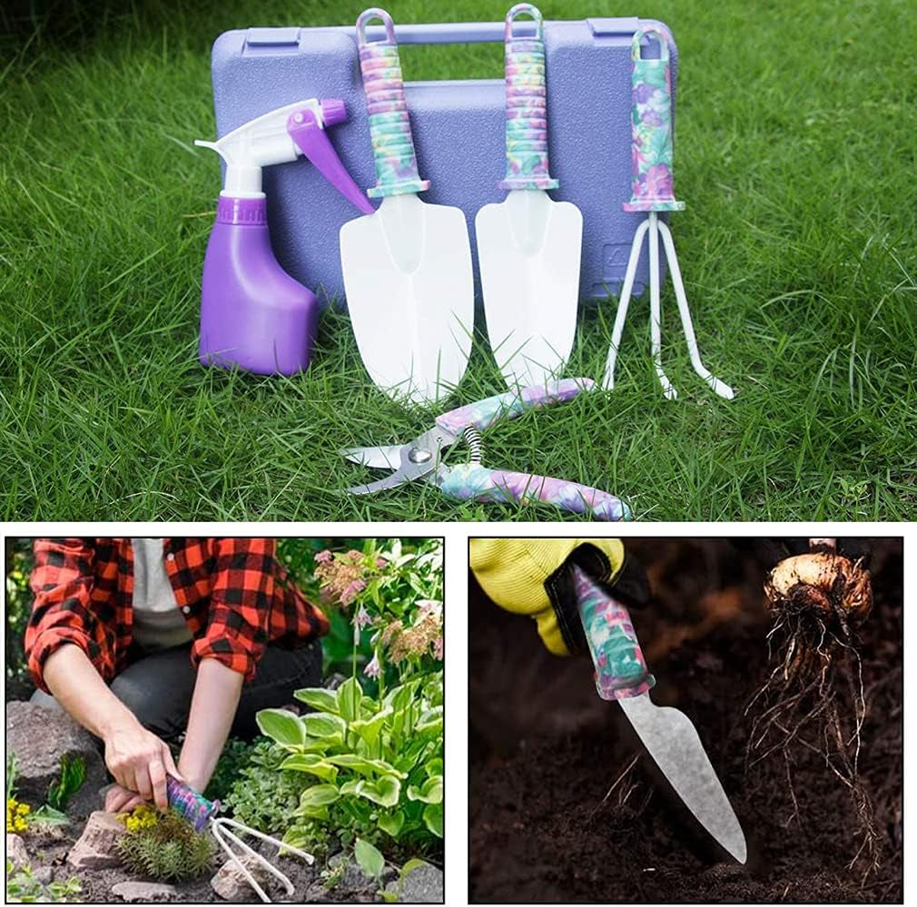 5-Piece Floral Print Gardening Tool Set with Ergonomic Handles, Including Trowel, Rake, Weeder, Pruner, Shears, and Sprayer, Complete with Carrying Case - Ideal Gift for Women