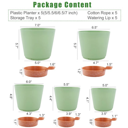 Self Watering Planters, 7/6.5/6/5.5/5 Inch Self Watering Plant Pots with Drainage Hole for Indoor and Outdoor Plants, 5 Pack, Green