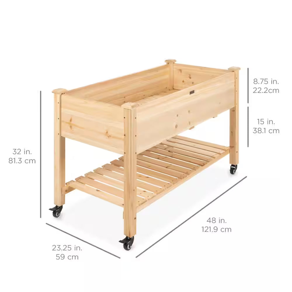 48 In. X 24 In. X 32 In. Wood Raised Garden Bed with Lockable Wheels, Liner