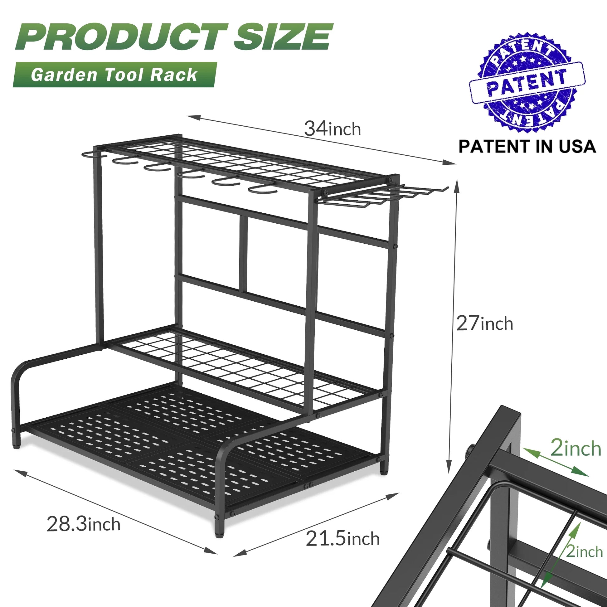 Garden Tool Organizer Rack up to 39 Tools, Heavy-Duty Steel Yard Tool Organizer for Garage Storage with 12 Hooks, Broom Holder & Garden Tool Rack for Shed, Patio, Outdoor Storage, Black