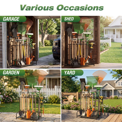 Garden Tool Organizer Rack up to 39 Tools, Heavy-Duty Steel Yard Tool Organizer for Garage Storage with 12 Hooks, Broom Holder & Garden Tool Rack for Shed, Patio, Outdoor Storage, Black