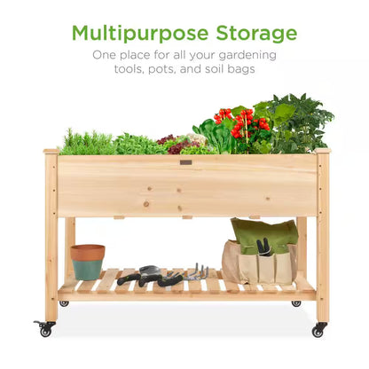48 In. X 24 In. X 32 In. Wood Raised Garden Bed with Lockable Wheels, Liner
