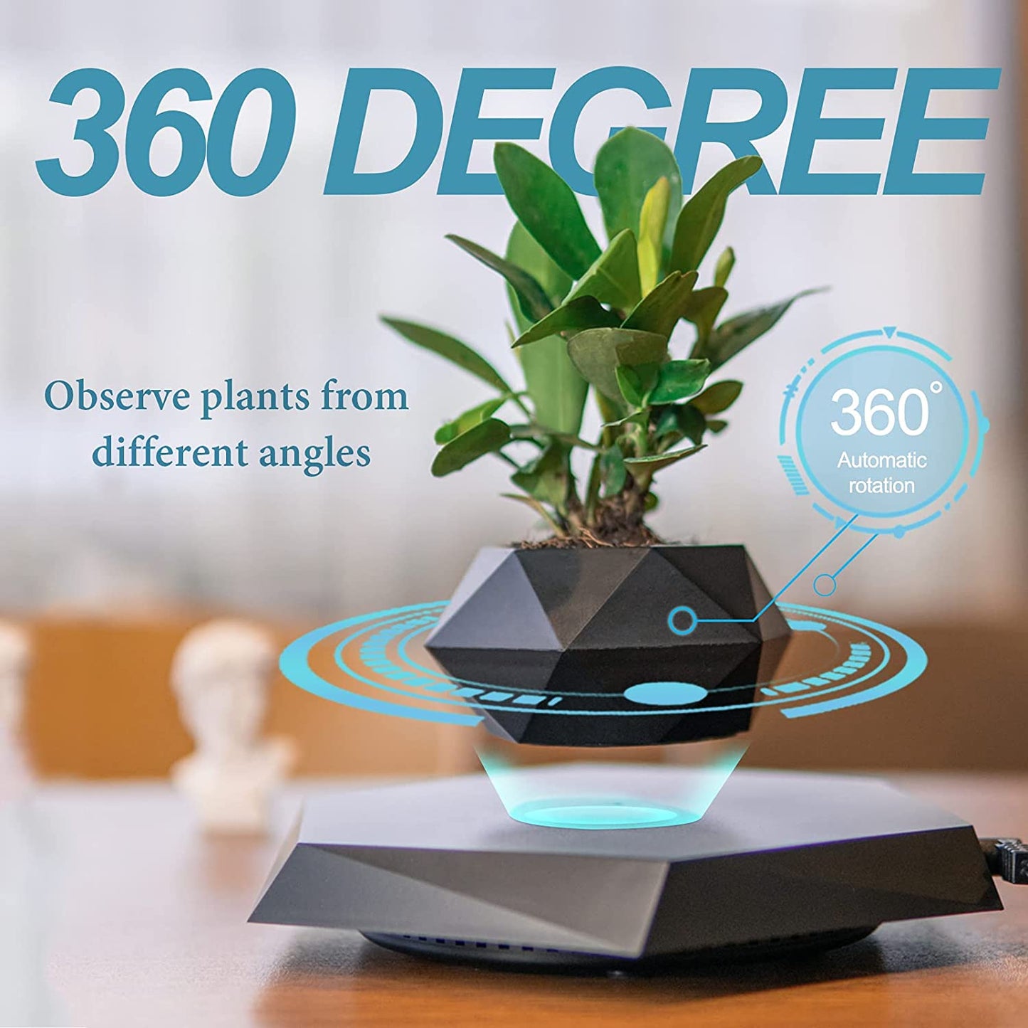 Magnetic Levitating Plant Pot - Rotating Floating Planter for Home and Office Decoration (Black)
