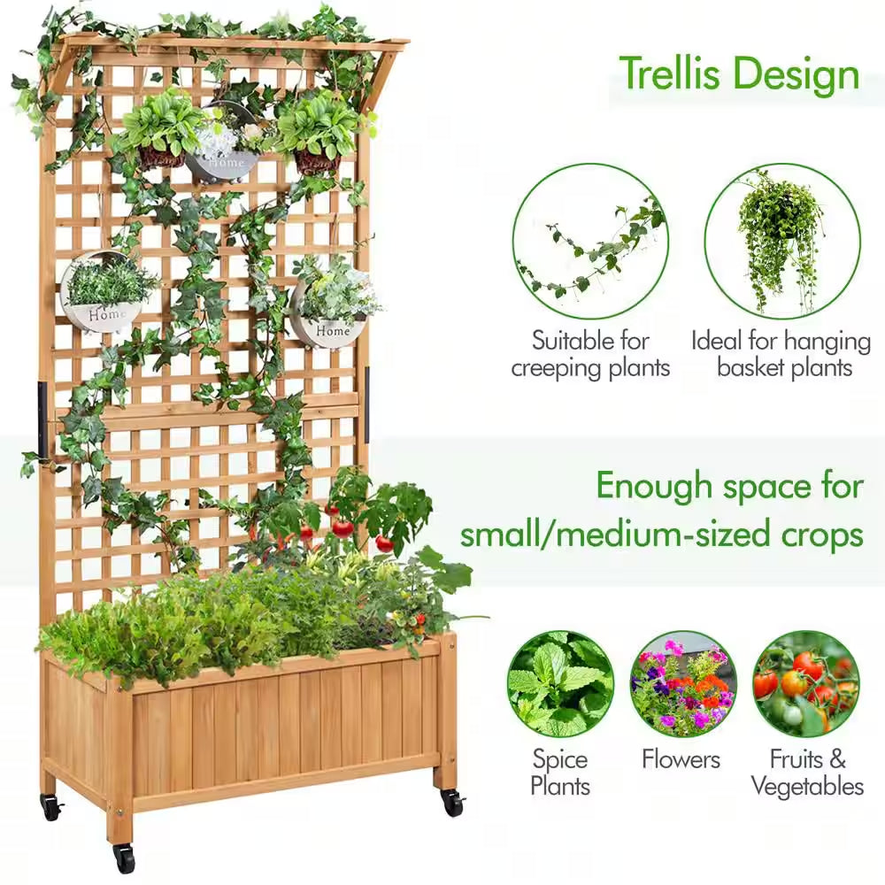 72 In. H Wood Planter Raised Bed with Trellis for Vine Climbing Plants and Vegetable Flower, Light Brown