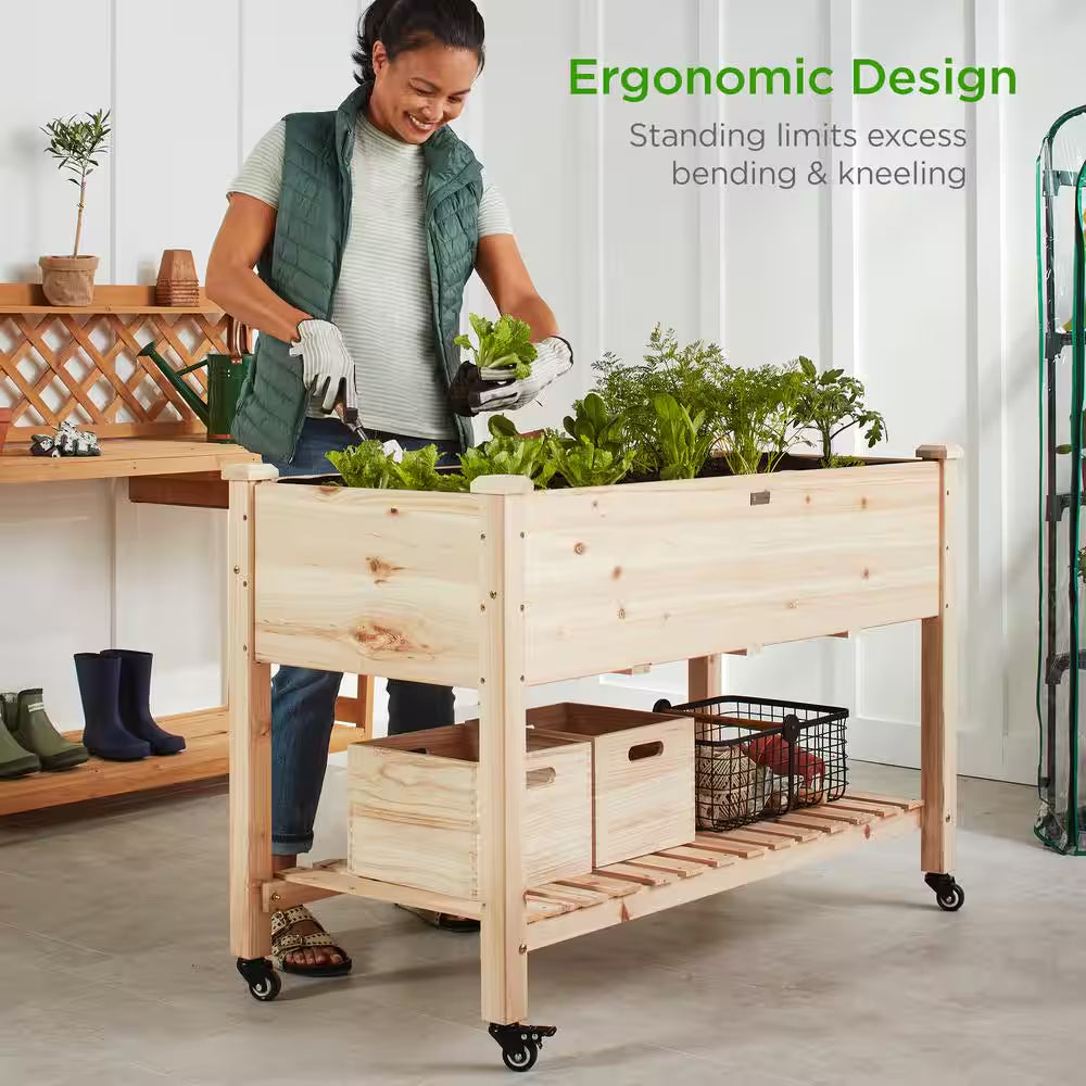 48 In. X 24 In. X 32 In. Wood Raised Garden Bed with Lockable Wheels, Liner