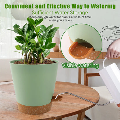 Self Watering Planters, 7/6.5/6/5.5/5 Inch Self Watering Plant Pots with Drainage Hole for Indoor and Outdoor Plants, 5 Pack, Green