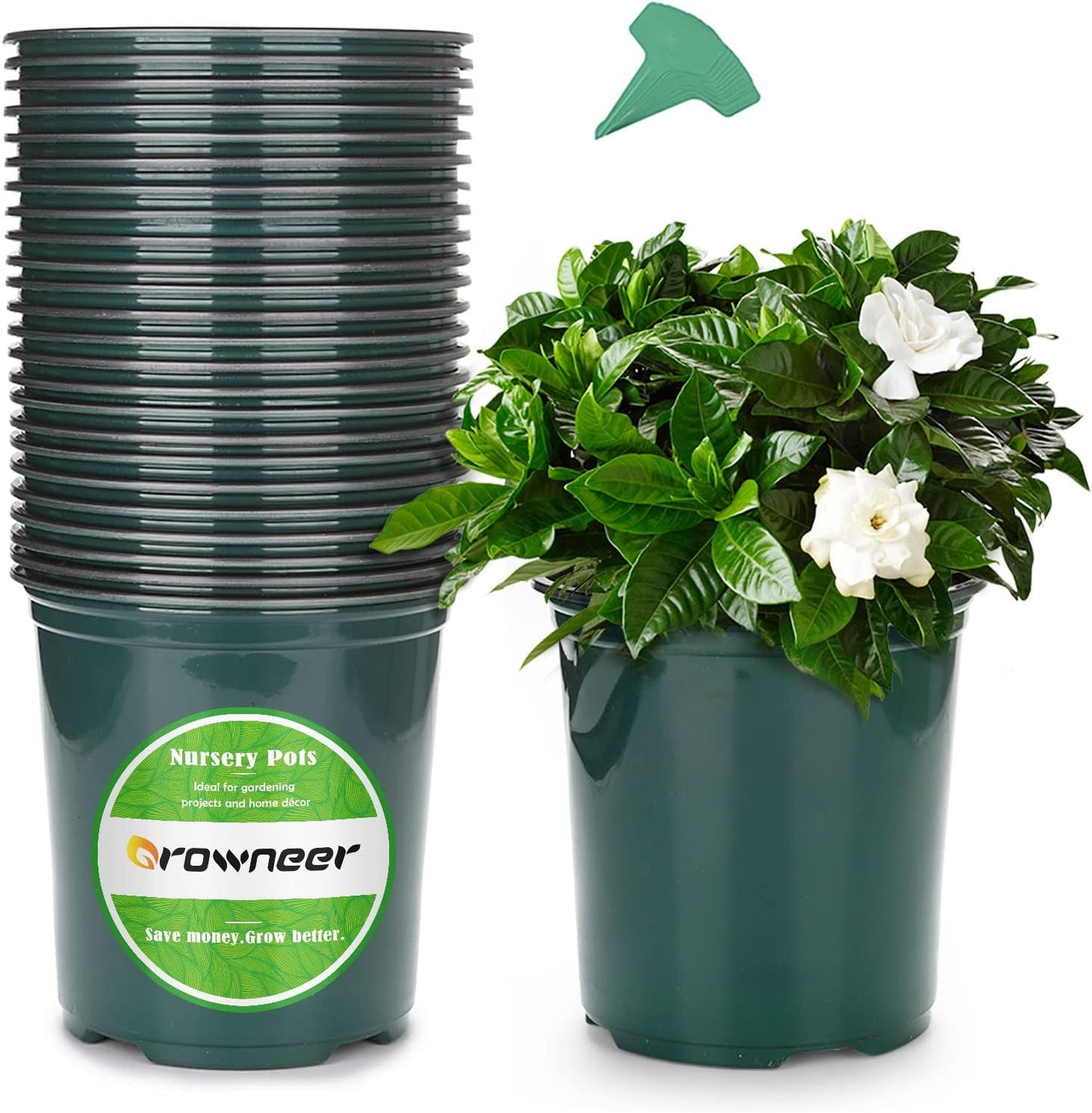 24 Set 6" 1 Gallon for Plants Flexible Nursery Pot with Drainage Hole and 15 Pcs Plant Labels, Flower Plant Container for Indoor Outdoor, Green
