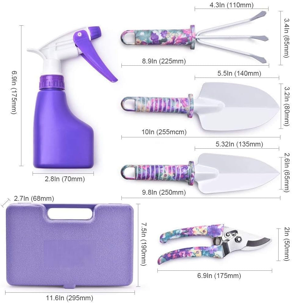 5-Piece Floral Print Gardening Tool Set with Ergonomic Handles, Including Trowel, Rake, Weeder, Pruner, Shears, and Sprayer, Complete with Carrying Case - Ideal Gift for Women