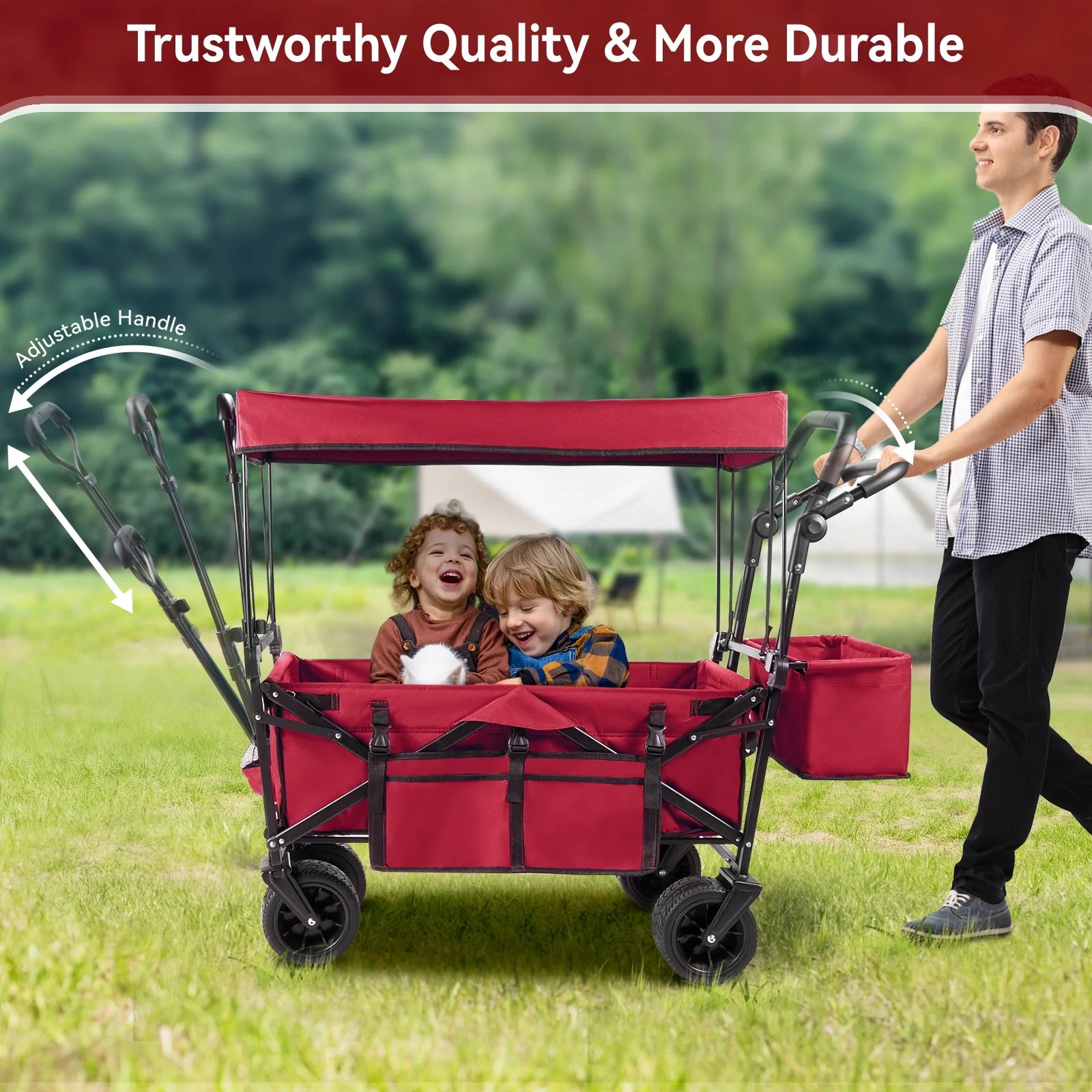 Collapsible Garden Wagon Cart with Removable Canopy Red