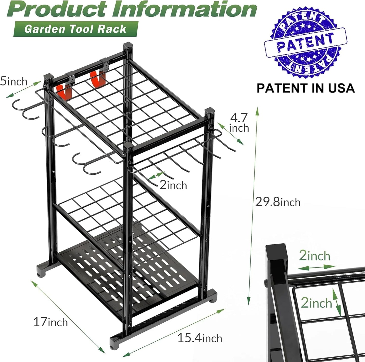 17-Inch Garden Tool Organizer with Storage Hooks, Yard Tool Rack for Garage Organization, Holds up to 50 Tools
