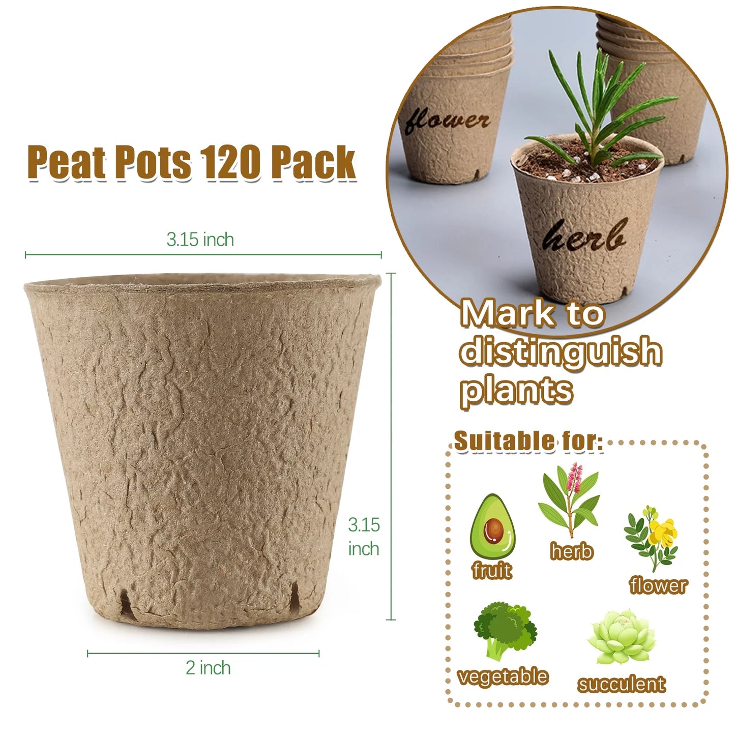 120 Pack Peat Pots for Seedlings, 3.15 Inch Biodegradable Seed Starter Planting Pots for Seedlings