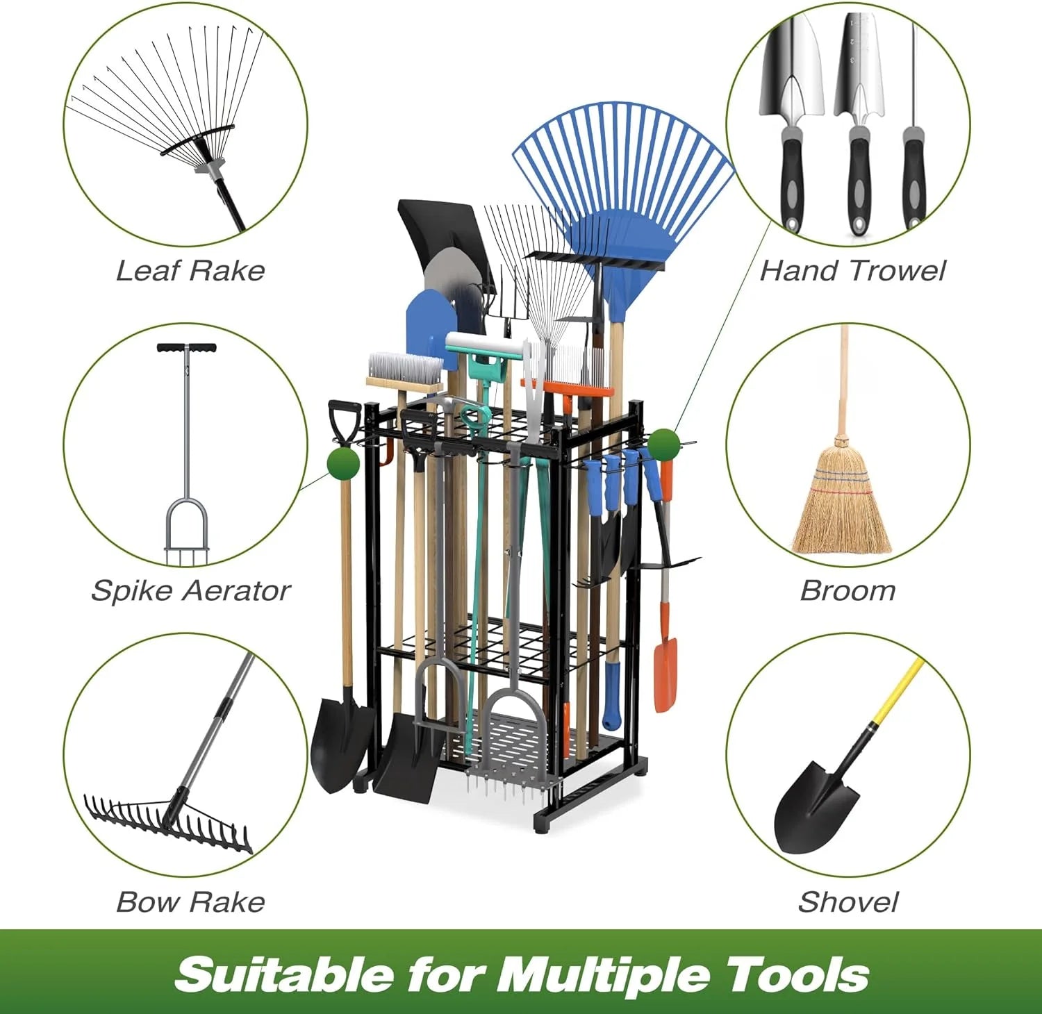 17-Inch Garden Tool Organizer with Storage Hooks, Yard Tool Rack for Garage Organization, Holds up to 50 Tools