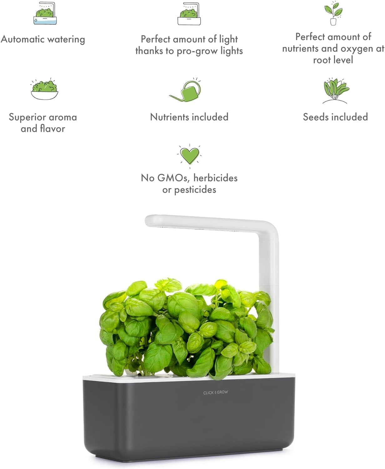 Click & Grow Indoor Herb Garden Kit with Grow Light | Smart Garden for Home Kitchen Windowsill | Easier than Hydroponics Growing System | Vegetable Gardening Starter (3 Basil Pods Included), Grey