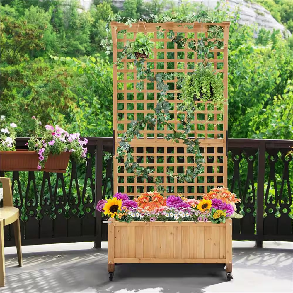 72 In. H Wood Planter Raised Bed with Trellis for Vine Climbing Plants and Vegetable Flower, Light Brown
