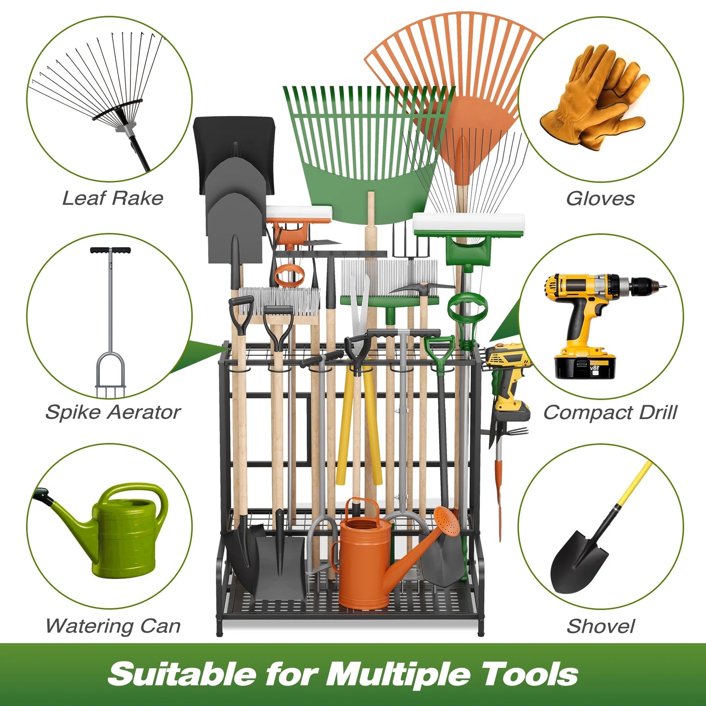Garden Tool Organizer Rack up to 39 Tools, Heavy-Duty Steel Yard Tool Organizer for Garage Storage with 12 Hooks, Broom Holder & Garden Tool Rack for Shed, Patio, Outdoor Storage, Black