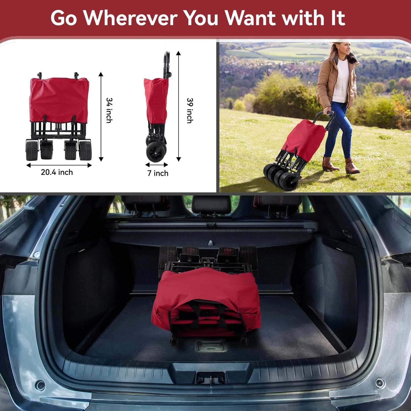 Collapsible Garden Wagon Cart with Removable Canopy Red