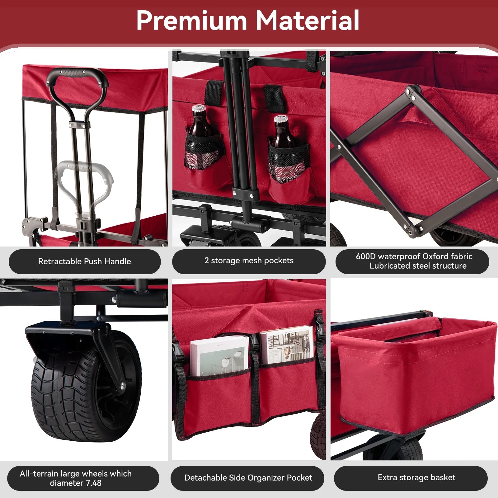 Collapsible Garden Wagon Cart with Removable Canopy Red