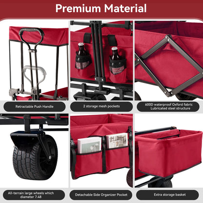 Collapsible Garden Wagon Cart with Removable Canopy Red