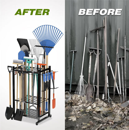 17-Inch Garden Tool Organizer with Storage Hooks, Yard Tool Rack for Garage Organization, Holds up to 50 Tools