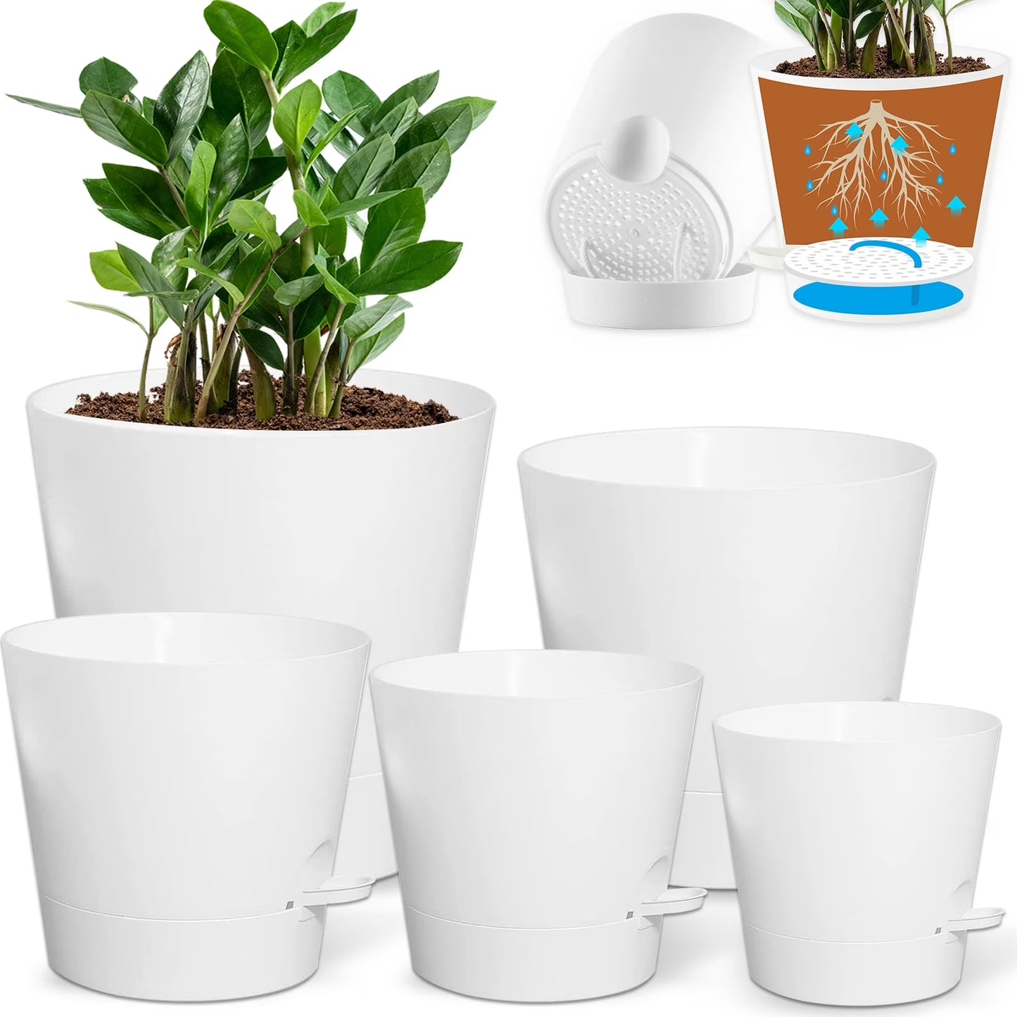 Self Watering Planters, 7/6.5/6/5.5/5 Inch Self Watering Plant Pots with Drainage Hole for Indoor and Outdoor Plants, 5 Pack, Green