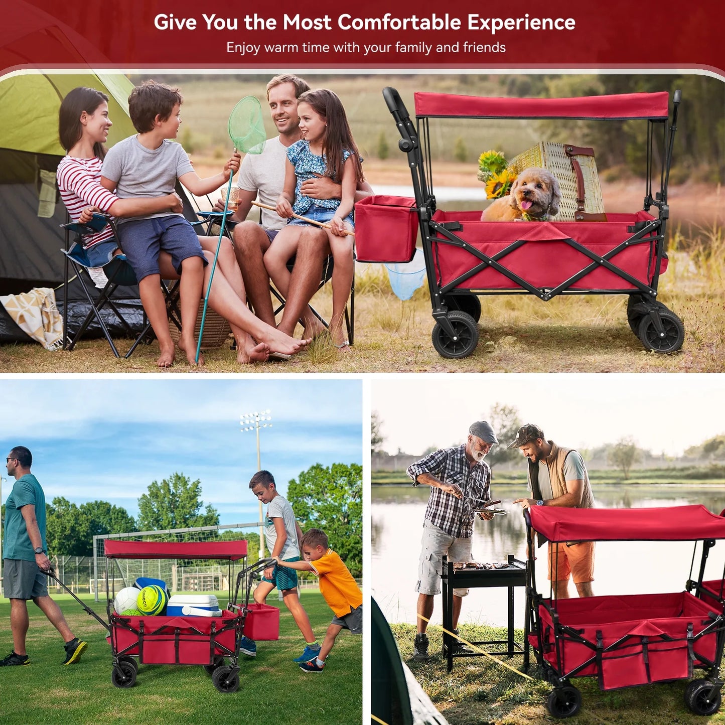 Collapsible Garden Wagon Cart with Removable Canopy Red