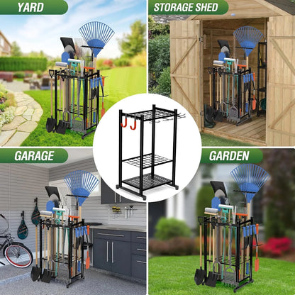 17-Inch Garden Tool Organizer with Storage Hooks, Yard Tool Rack for Garage Organization, Holds up to 50 Tools
