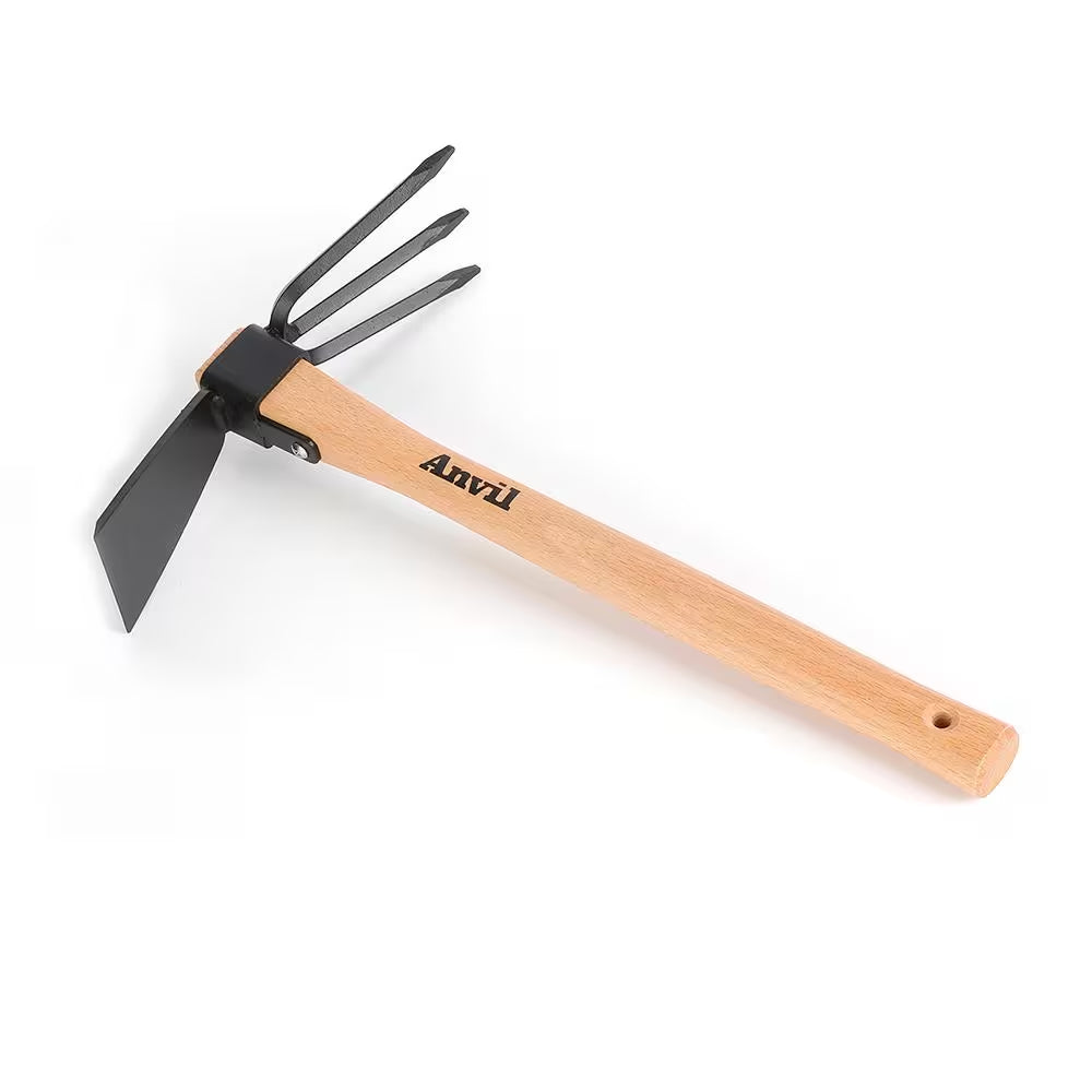 14.4-Inch Wooden Handle Digging Hoe and Cultivator Combination Tool