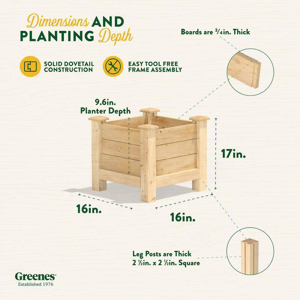 Original Natural Wood Cedar Square Elevated Garden Raised Bed with Legs (16 In. L X 16 In. W X 17 In. H)