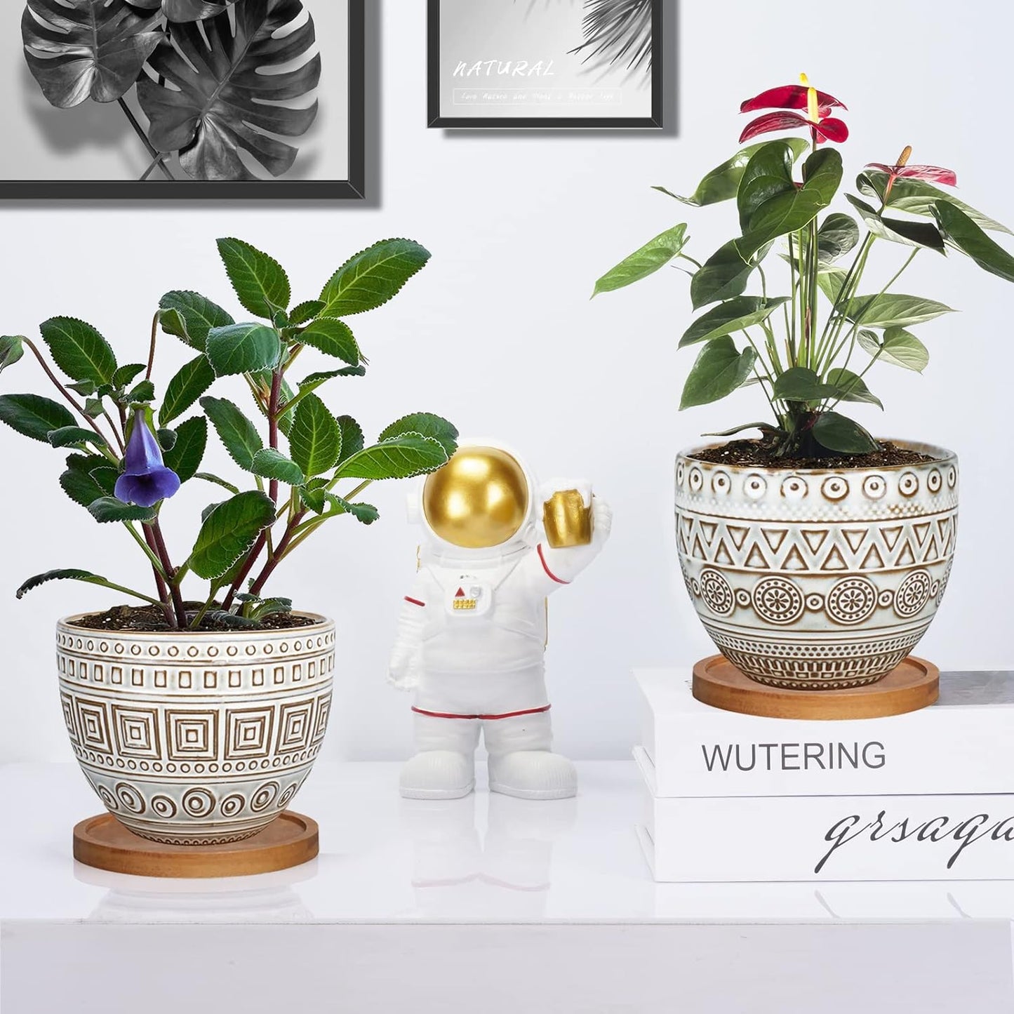 5.5In Geometry Ceramic Planter Large round Succulent Planter Flower Pot Indoor and Outdoor Brown Set of 2