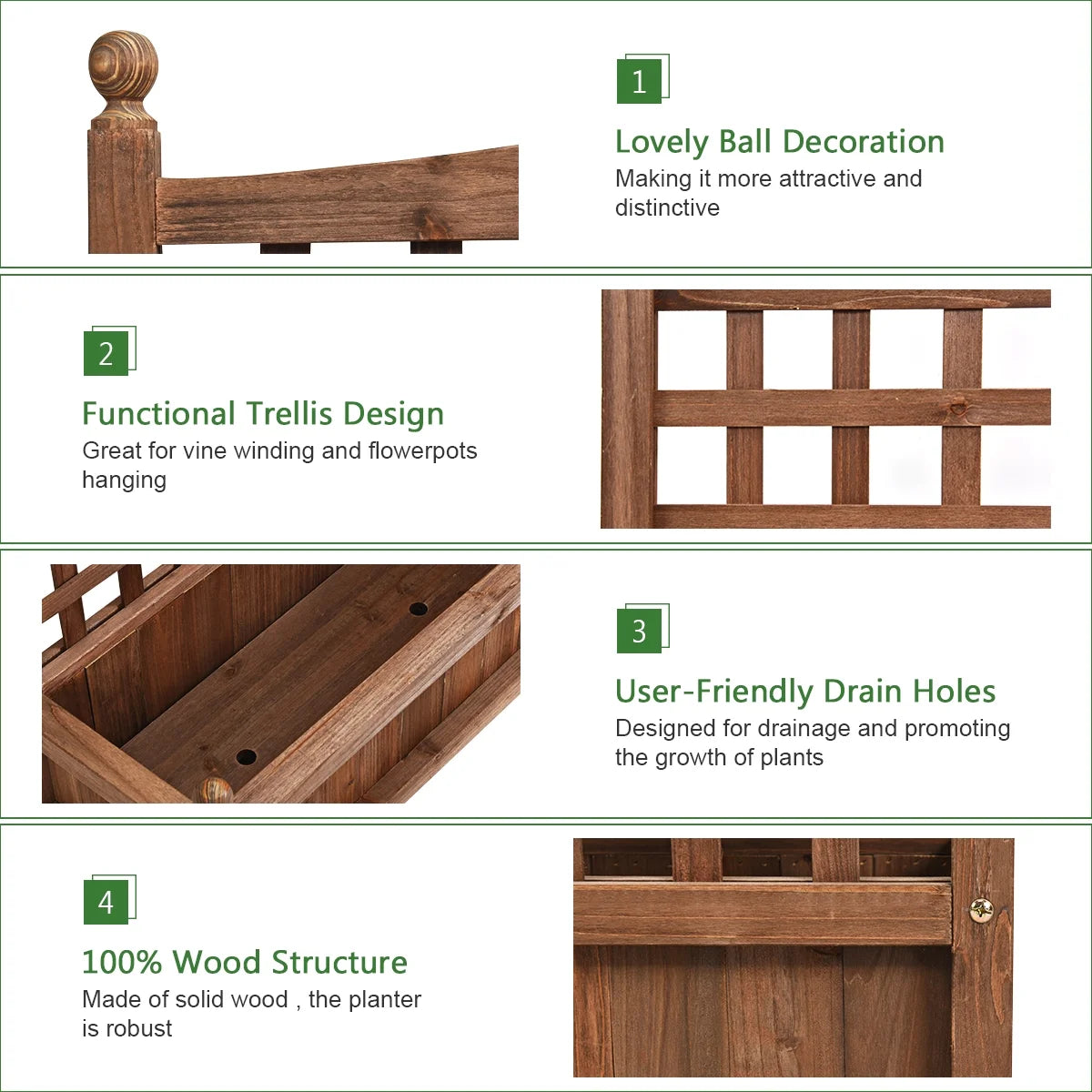 Solid Wood Planter Box with Trellis Weather-Resistant Outdoor 25''X11''X30''