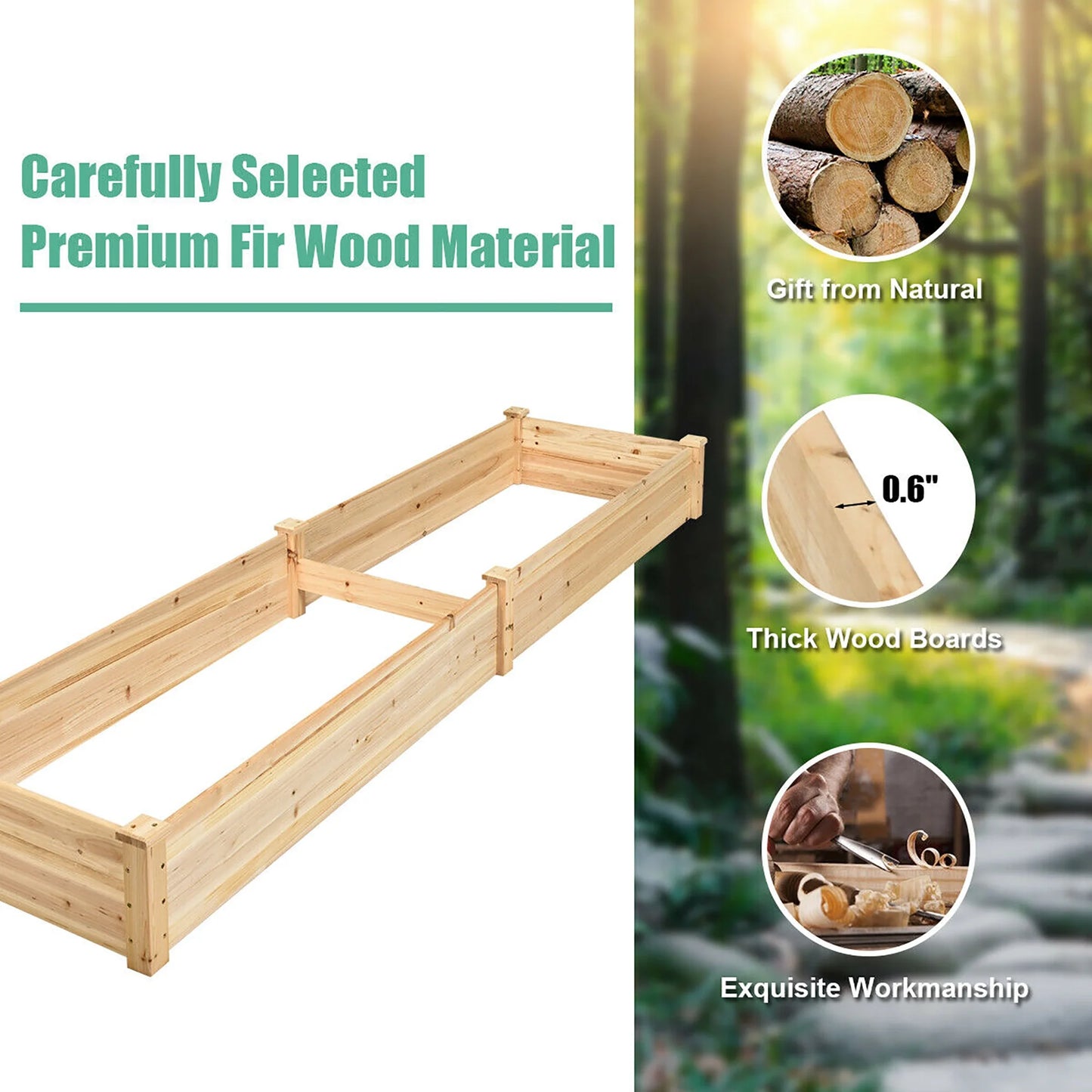 Wooden Vegetable Raised Garden Bed Backyard Patio Grow Flowers Planter with 2 Planting Compartments