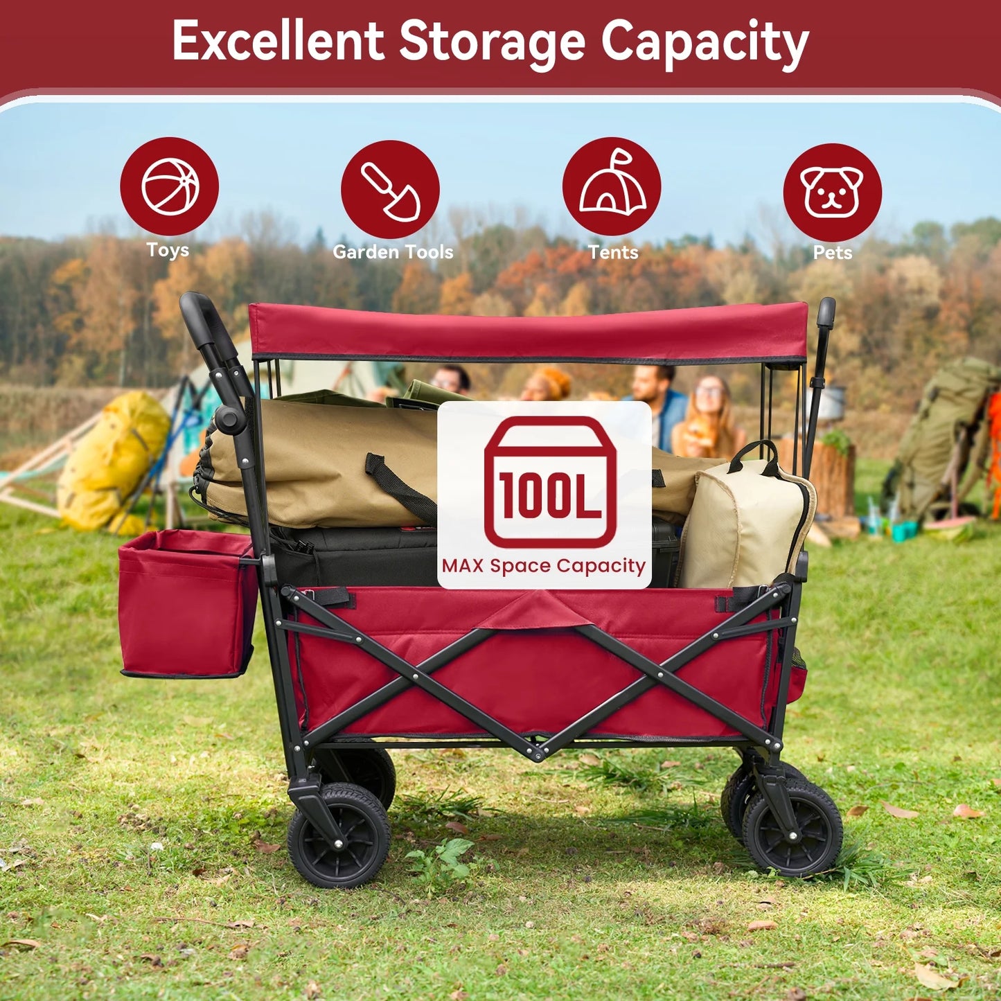 Collapsible Garden Wagon Cart with Removable Canopy Red