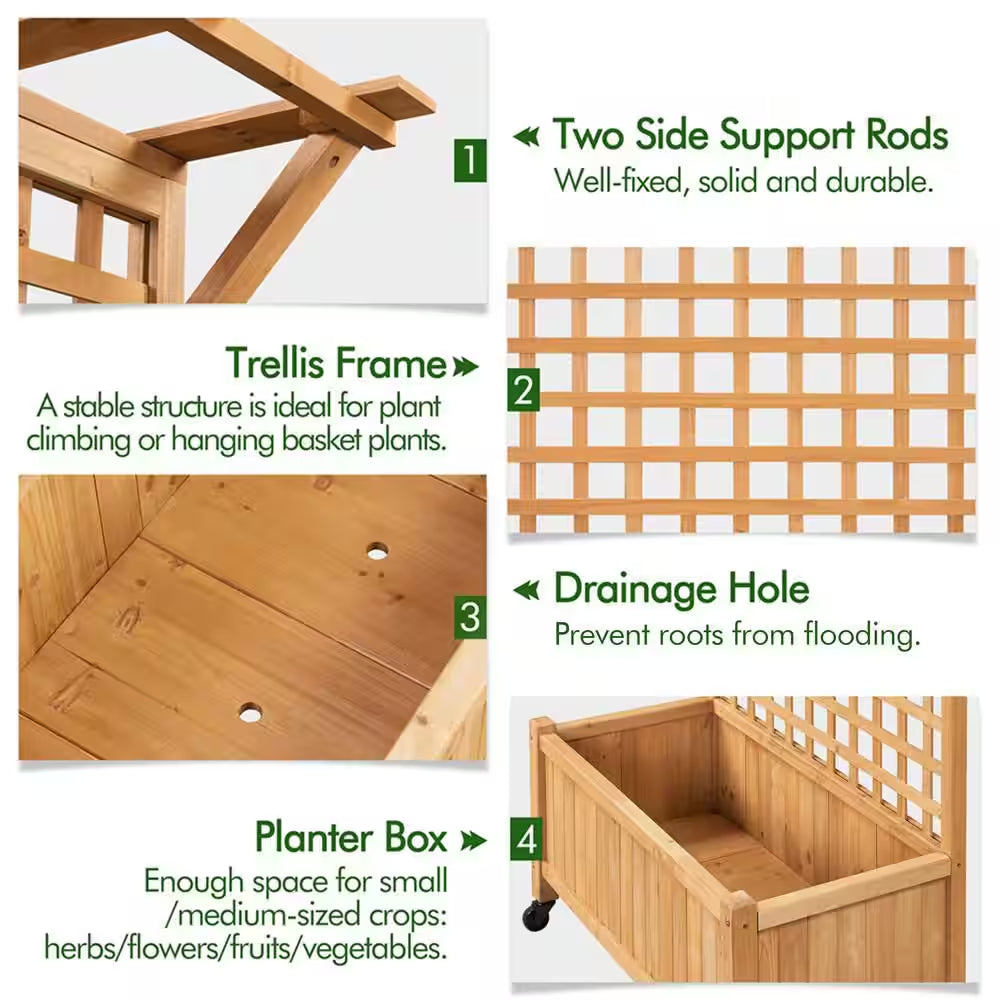 72 In. H Wood Planter Raised Bed with Trellis for Vine Climbing Plants and Vegetable Flower, Light Brown